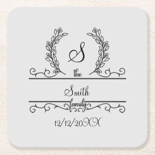 Monogramm Name der Familie Schriftart Blätter Rechteckiger Pappuntersetzer