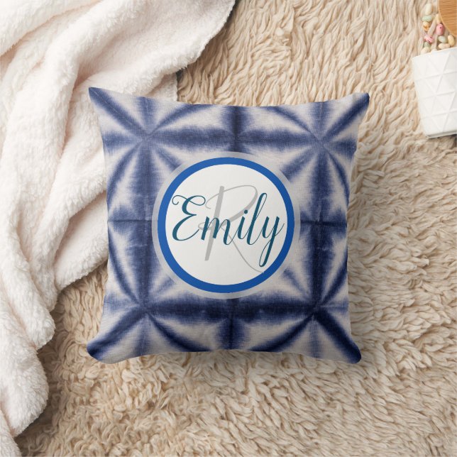 Monogramm Name der Gefärbte Krawatte Blue & White  Kissen (Decke)