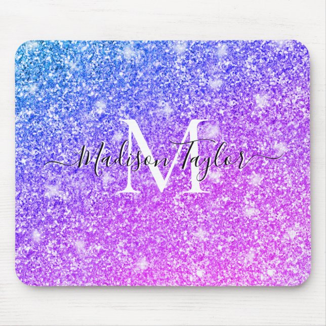 Monogramm Name des Lila und rosa Glitzer Mousepad (Vorne)