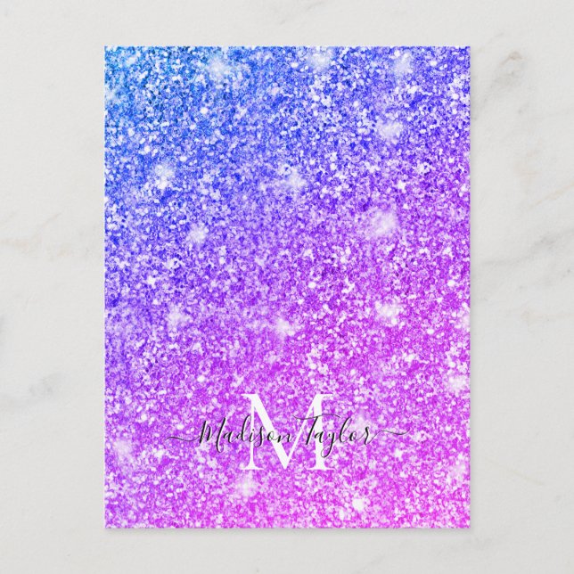 Monogramm Name des Lila und rosa Glitzer Postkarte (Vorderseite)