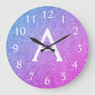 Monogramm-Name des rosa und Lila Glitzer Große Wanduhr