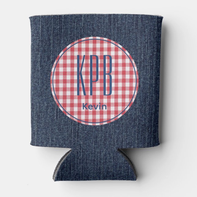Monogramm Name Dunkelblauer Jeansdruck Gingham-Kar Dosenkühler (Vorderseite)