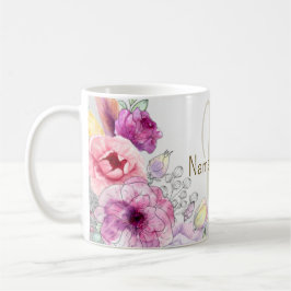 Monogramm Name farbenfroh rosa Blütensilber Kaffeetasse