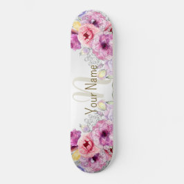 Monogramm Name farbenfroh rosa Blütensilber Skateboard