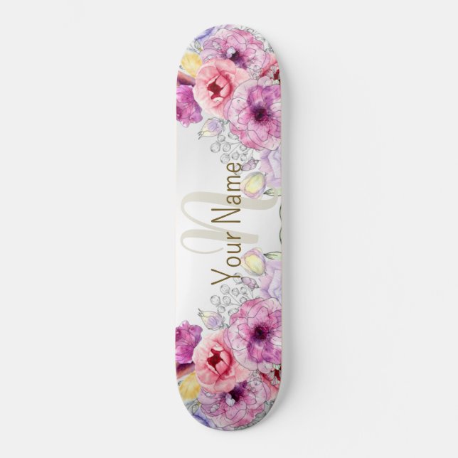 Monogramm Name farbenfroh rosa Blütensilber Skateboard (Vorderseite)