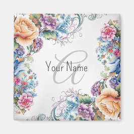 Monogramm Name farbenfrohe Blumenrahmen Elegant Mo Magnet