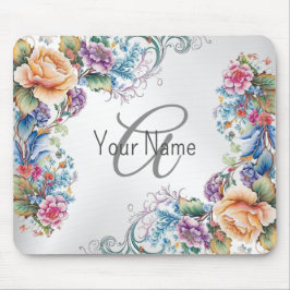 Monogramm Name farbenfrohe Blumenrahmen Elegant Mo Mousepad