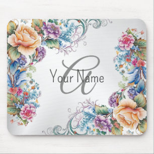 Monogramm Name farbenfrohe Blumenrahmen Elegant Mo Mousepad