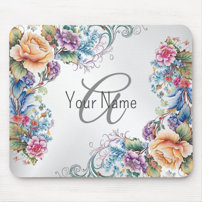 Monogramm Name farbenfrohe Blumenrahmen Elegant Mo Mousepad (Vorne)