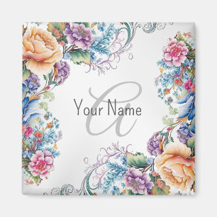Monogramm-Name Farbige Blumeneinfassung Elegant Mo Magnet