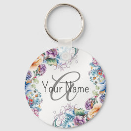 Monogramm Name Farbige Blumenrahmen Elegant Modern Schlüsselanhänger