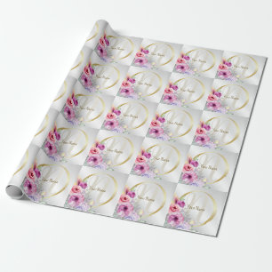 Monogramm-Name Farbige rosa Blumen mit goldenem Ra Geschenkpapier