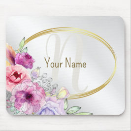 Monogramm Name Farbrosa Blütengoldene Rahmen Mousepad