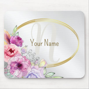 Monogramm Name Farbrosa Blütengoldene Rahmen Mousepad