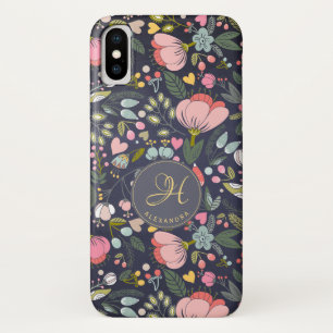 Monogramm-Name für niedliches rosa und graues Blum Case-Mate iPhone Hülle