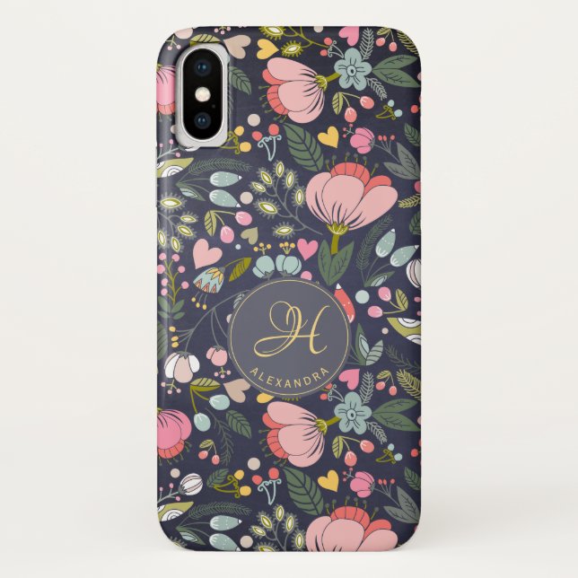 Monogramm-Name für niedliches rosa und graues Blum Case-Mate iPhone Hülle (Rückseite)