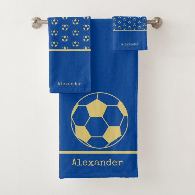 Monogramm Name Fußball Fußball Gold Blue Badhandtuch Set (Insitu)