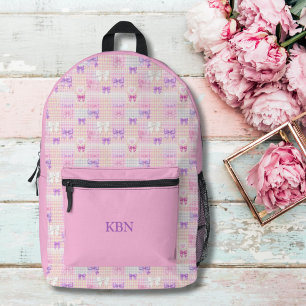 Monogramm Name Gingham Coquette Schleifen Rosa Mäd Bedruckter Rucksack