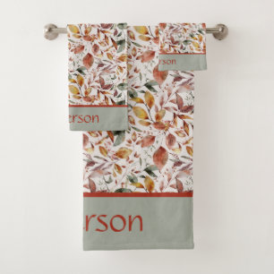 Monogramm Name Herbstblätter Grün Orange Rot Badhandtuch Set