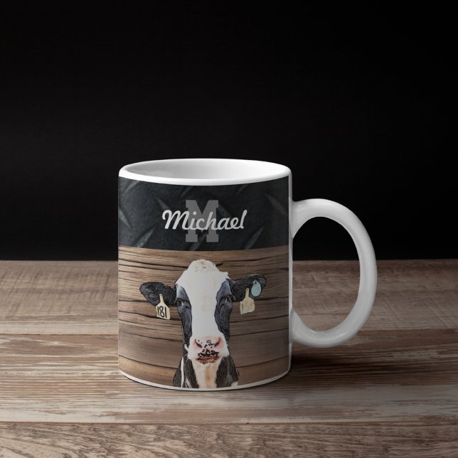 Monogramm Name Holstein Kuh Milchviehwirtschaft Kaffeetasse (Holstein Cow Monogram Coffee Mug. Livestock Milking Cows Dairy Farmer Gift.)