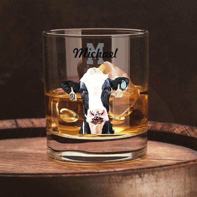 Monogramm Name Holstein Kuh Milchviehwirtschaft Whiskyglas (Holstein Cow Monogram Dairy Farming Whiskey Glass Farmer Gift)
