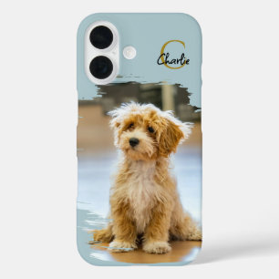 Monogramm Name Hund Foto Pastellblau Minimalistisc iPhone 16 Hülle