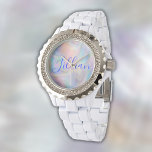 Monogramm Name in blau auf Perlmutt | Armbanduhr<br><div class="desc">Eine wunderschöne Kristall White Enamel Uhr für Frauen mit Monogramm-Namen in blau auf Perlmutt.</div>
