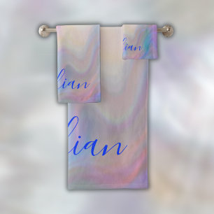 Monogramm Name in blau auf Perlmutt   Badhandtuch Set