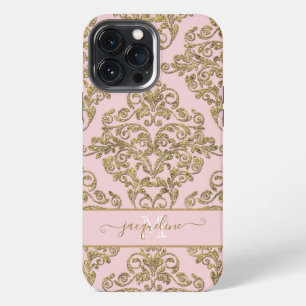 Monogramm Name in Rosa und Gold Glitter Damast iPhone 13 Pro Max Hülle