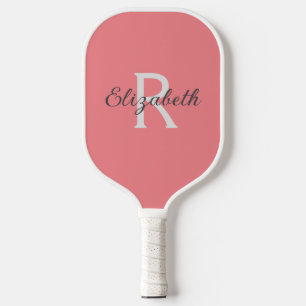 Monogramm-Name-Initiale Rosa Koralle Grau Weiß Pickleball Schläger