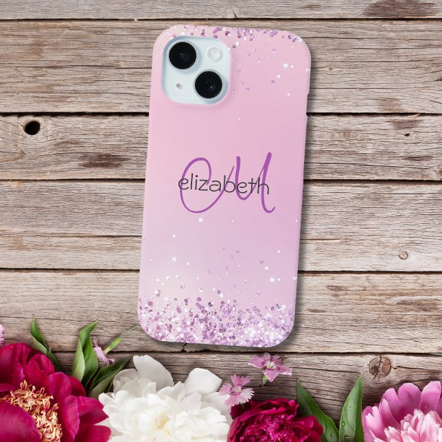 Monogramm Name Initialen Pink Lila Glitter Case-Mate iPhone Hülle (Monogram name initial pink purple glitter iPhone case)