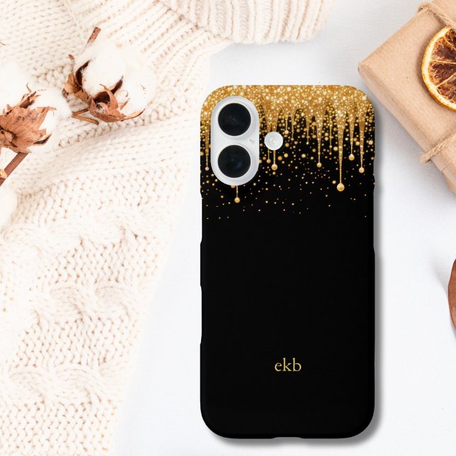Monogramm-Name-Initialen Schwarz Gold tropfender G Case-Mate iPhone Hülle (Black Gold Dripping Glitter Monogrammed Name Initials iPhone case)
