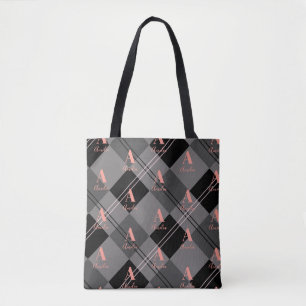 Monogramm Name Kariertes Muster Grau Schwarz Rosa