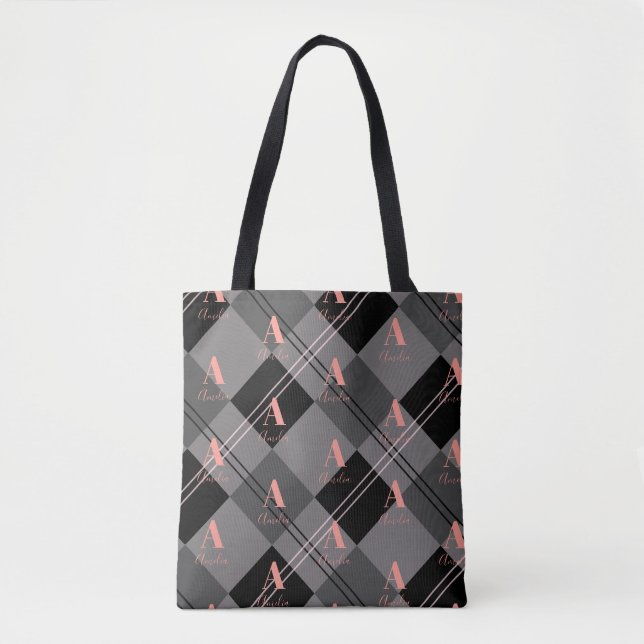 Monogramm Name Kariertes Muster Grau Schwarz Rosa (Vorderseite)