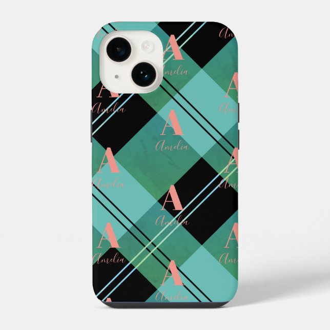 Monogramm-Name Karo Grün iPhone Hülle (Rückseite)
