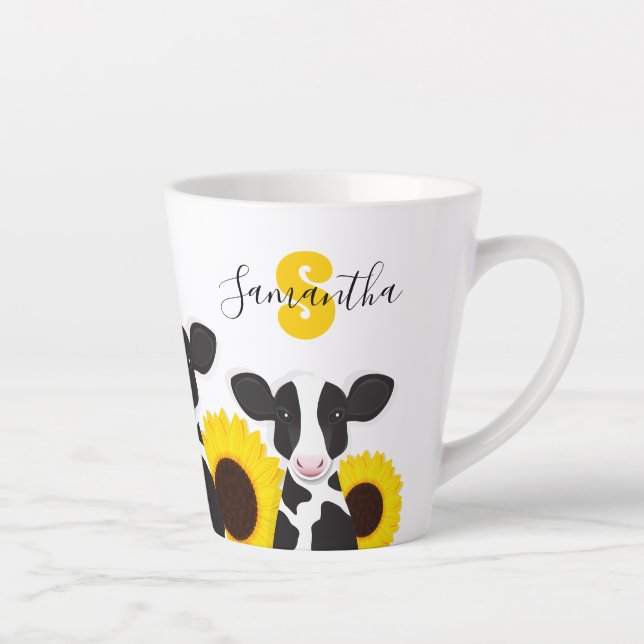 Monogramm Name Kuh Floral Sonnenblume Milchtasse (Rechts)