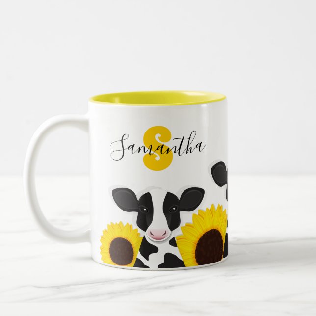 Monogramm Name Kuh Floral Sonnenblume Zweifarbige Tasse (Links)