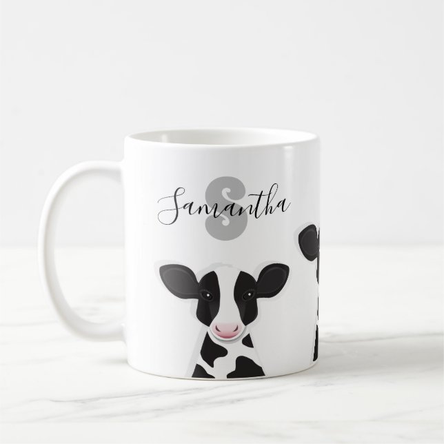 Monogramm Name Kuh Graues Schwarz-weißes Tier Kaffeetasse (Links)