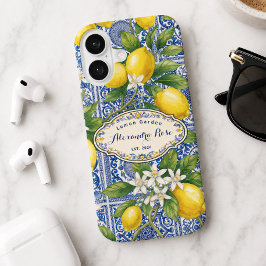 Monogramm Name Lemon Blau Französischer Landfliese iPhone 16 Hülle