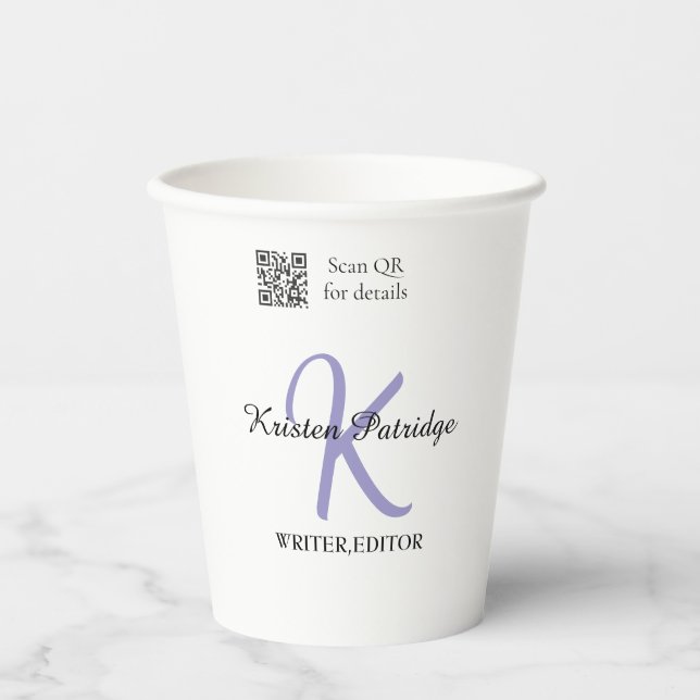 Monogramm-Name Lila-Schreiber-Editier-per-QR-Code- Pappbecher (Vorderseite)