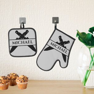 Monogramm Name Messer Koch Cook Grillen Ofenhandschuh & Topflappen-Set