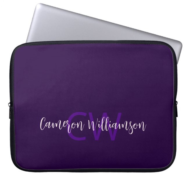 Monogramm Name Minimalistisch Solid Deep Violet Laptopschutzhülle (Vorderseite)