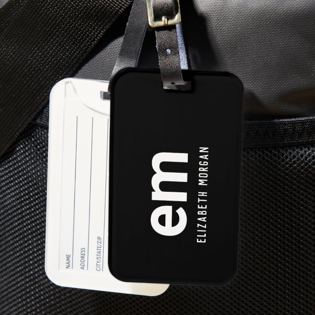 Monogramm Name Modern Minimal Schwarz Weiß Reise Gepäckanhänger (Von Creator hochgeladen)