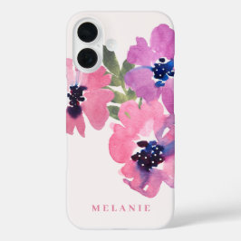Monogramm Name Modern Watercolor Pink Floral iPhone 16 Hülle