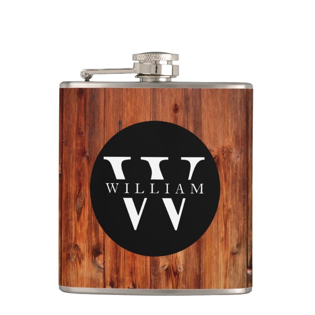 Monogramm Name Moderne rustikale Holzart Weiße Kla Flachmann (Vorderseite)