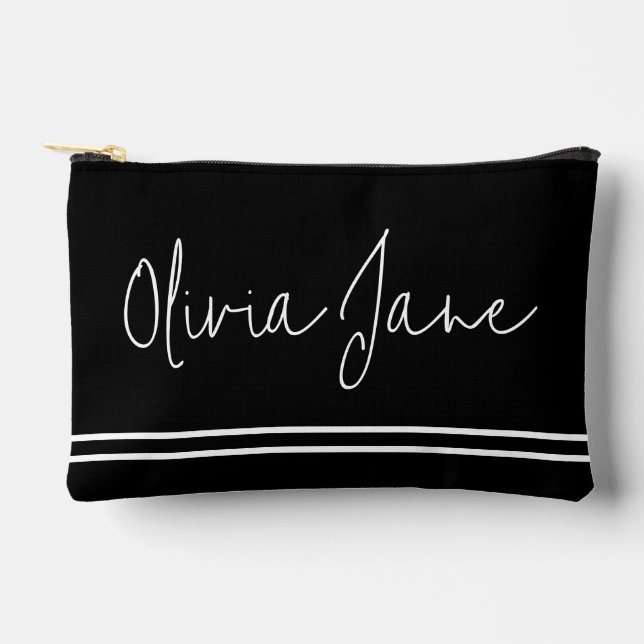 Monogramm Name Moderne Schwarz-weiße Streifen Zubehörtasche (Vorderseite)