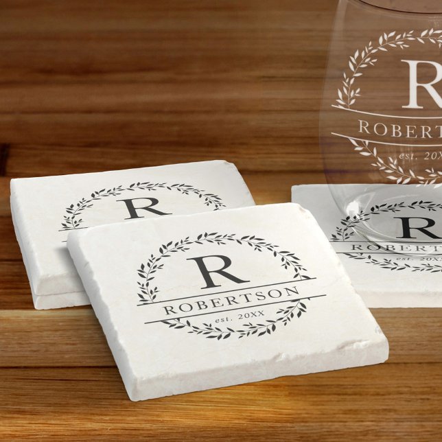 Monogramm Name Moderner botanischer Kranz Steinuntersetzer (Von Creator hochgeladen)