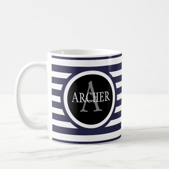 Monogramm Name Navy Strips Kaffeetasse (Links)