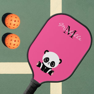 Monogramm Name Niedlich Panda Einfach Rosa Pickleball Schläger