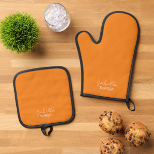 Monogramm Name Orange Ofenhandschuh & Topflappen-Set